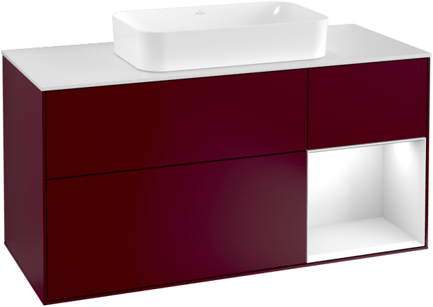 VILLEROY BOCH Toaletní skříňka Finion, s osvětlením, 3 výsuvy, 1200 x 603 x 501 mm, matný lak Peony / lesklý bílý lak / matné bílé sklo #F301GFHB