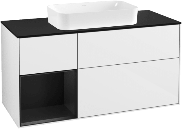 VILLEROY BOCH Toaletní skříňka Finion, s osvětlením, 3 výsuvy, 1200 x 603 x 501 mm, lesklý bílý lak / černý matný lak / černé matné sklo #F292PDGF