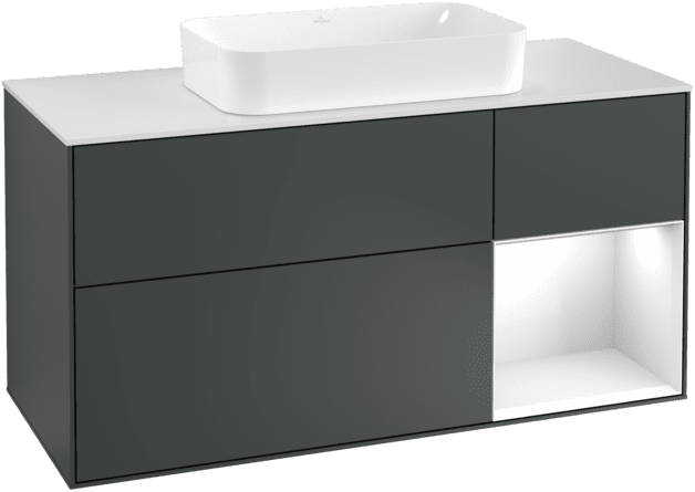 VILLEROY BOCH Toaletní skříňka Finion, s osvětlením, 3 výsuvy, 1200 x 603 x 501 mm, Midnight Blue Matt Lacquer / Glossy White Lacquer / Glass White Matt #F301GFHG