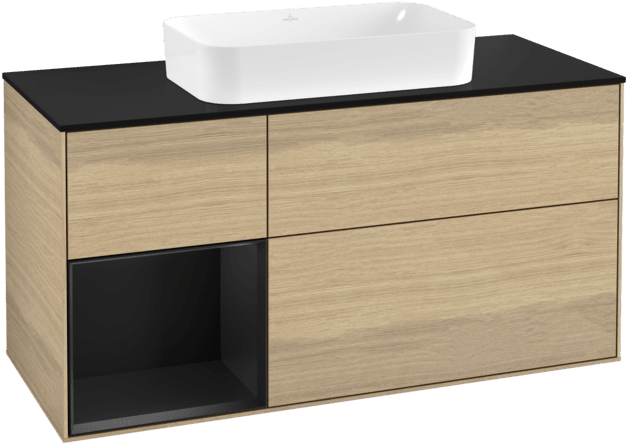 VILLEROY BOCH Toaletní skříňka Finion, s osvětlením, 3 výsuvy, 1200 x 603 x 501 mm, dubová dýha / černý matný lak / černé matné sklo #F292PDPC
