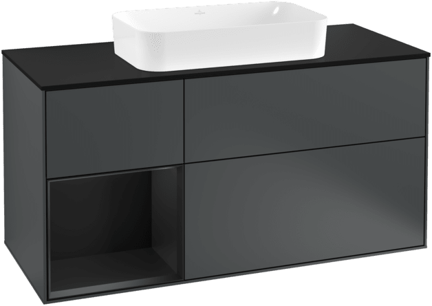 VILLEROY BOCH Toaletní skříňka Finion, s osvětlením, 3 výsuvy, 1200 x 603 x 501 mm, Midnight Blue Matt Lacquer / Black Matt Lacquer / Glass Black Matt #F292PDHG