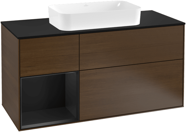 VILLEROY BOCH Toaletní skříňka Finion, s osvětlením, 3 výsuvy, 1200 x 603 x 501 mm, ořechová dýha / černý matný lak / černé matné sklo #F292PDGN