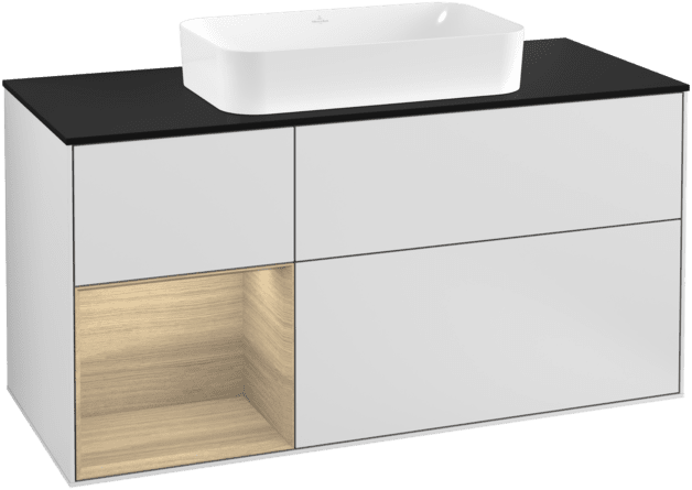 VILLEROY BOCH Toaletní skříňka Finion, s osvětlením, 3 výsuvy, 1200 x 603 x 501 mm, bílý matný lak / dubová dýha / černé matné sklo #F292PCMT