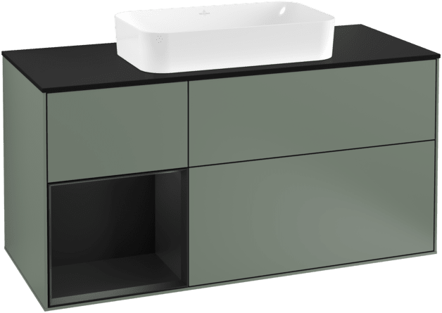 VILLEROY BOCH Toaletní skříňka Finion, s osvětlením, 3 výsuvy, 1200 x 603 x 501 mm, olivový matný lak / černý matný lak / černé matné sklo #F292PDGM