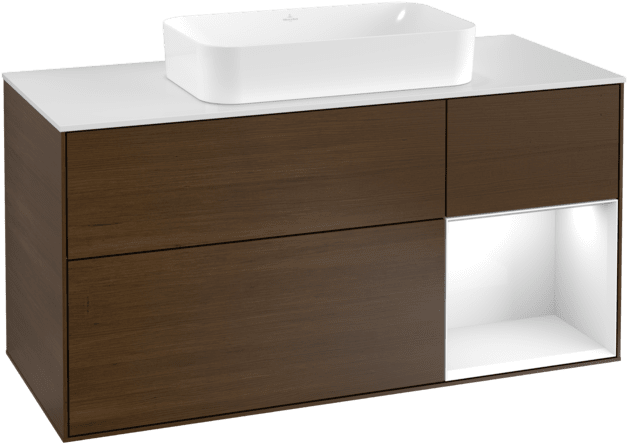VILLEROY BOCH Toaletní skříňka Finion, s osvětlením, 3 výsuvy, 1200 x 603 x 501 mm, ořechová dýha / lesklý bílý lak / sklo bílé matné #F301GFGN