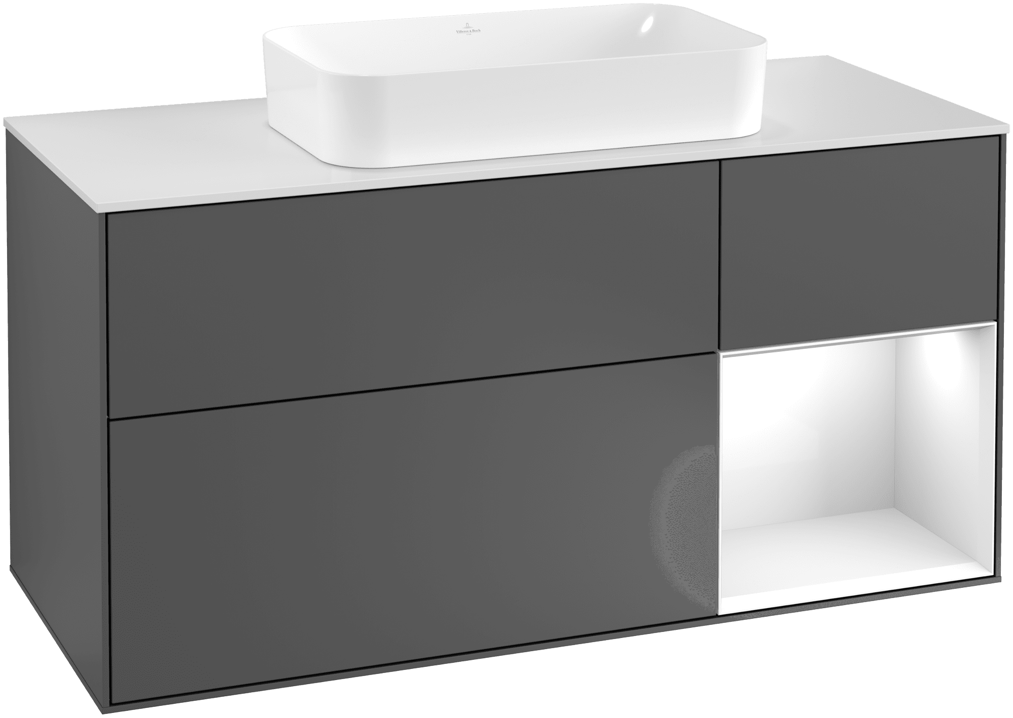 VILLEROY BOCH Toaletní skříňka Finion, s osvětlením, 3 výsuvy, 1200 x 603 x 501 mm, antracit matný lak / lesklý bílý lak / sklo bílé matné #F301GFGK