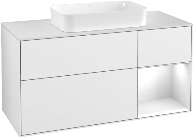 VILLEROY BOCH Toaletní skříňka Finion, s osvětlením, 3 výsuvy, 1200 x 603 x 501 mm, lesklý bílý lak / lesklý bílý lak / sklo bílé matné #F301GFGF