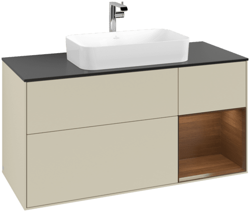 VILLEROY BOCH Toaletní skříňka Finion, s osvětlením, 3 výsuvy, 1200 x 603 x 501 mm, hedvábně šedý matný lak / ořechová dýha / černé matné sklo #F302GNHJ