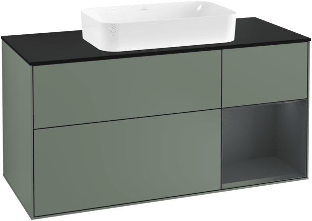 VILLEROY BOCH Toaletní skříňka Finion, s osvětlením, 3 výsuvy, 1200 x 603 x 501 mm, olivový matný lak / půlnoční modrý matný lak / černé matné sklo #F302HGGM