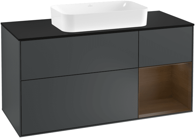 VILLEROY BOCH Toaletní skříňka Finion, s osvětlením, 3 výsuvy, 1200 x 603 x 501 mm, půlnočně modrý matný lak / ořechová dýha / černé matné sklo #F302GNHG