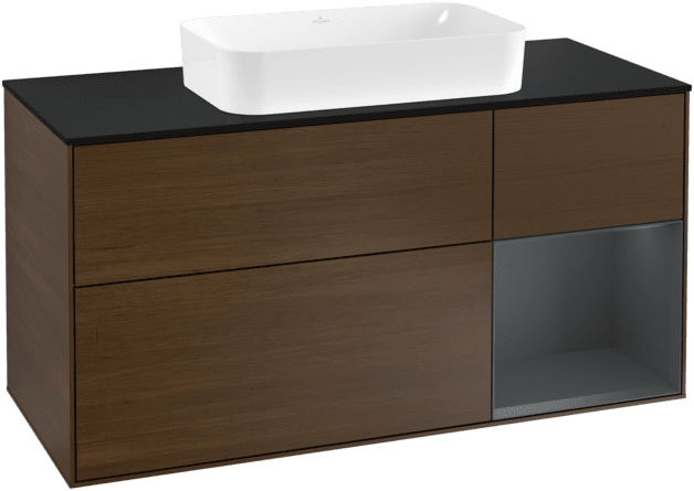 VILLEROY BOCH Toaletní skříňka Finion, s osvětlením, 3 výsuvy, 1200 x 603 x 501 mm, ořechová dýha / půlnočně modrý matný lak / černé matné sklo #F302HGGN