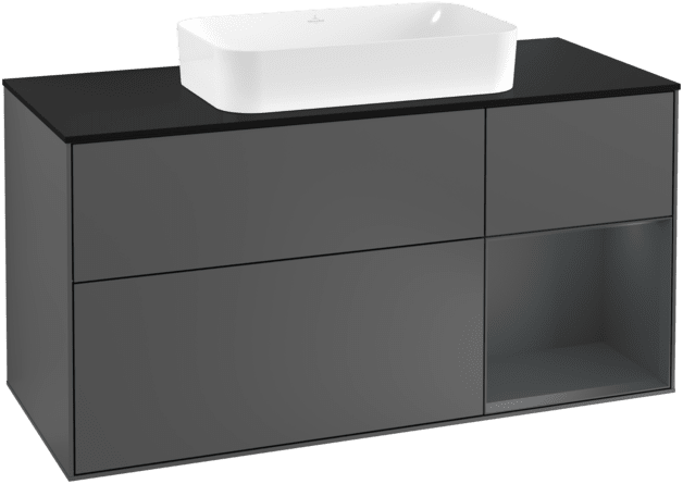 VILLEROY BOCH Toaletní skříňka Finion, s osvětlením, 3 výsuvy, 1200 x 603 x 501 mm, antracitový matný lak / půlnoční modrý matný lak / černé matné sklo #F302HGGK