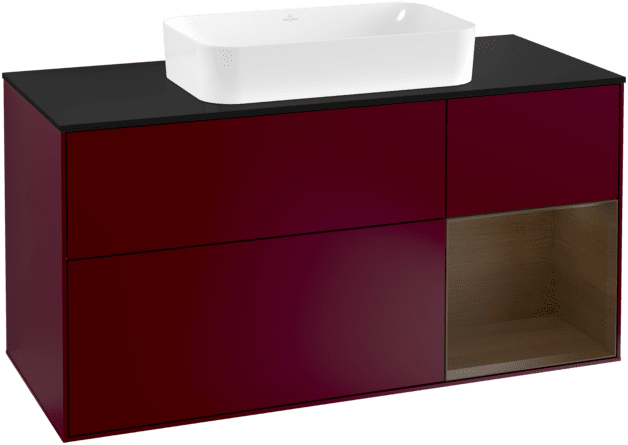 VILLEROY BOCH Toaletní skříňka Finion, s osvětlením, 3 výsuvy, 1200 x 603 x 501 mm, matný lak Peony / ořechová dýha / černé matné sklo #F302GNHB