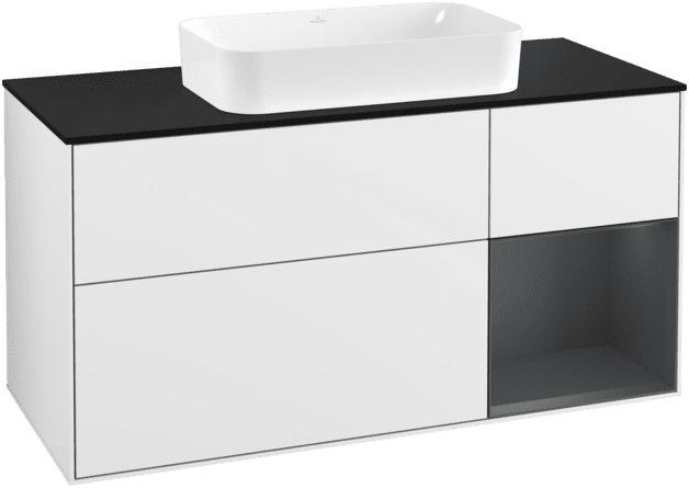 VILLEROY BOCH Toaletní skříňka Finion, s osvětlením, 3 výsuvy, 1200 x 603 x 501 mm, lesklý bílý lak / půlnoční modrý matný lak / černé matné sklo #F302HGGF