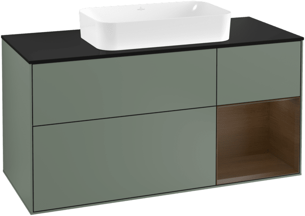 VILLEROY BOCH Toaletní skříňka Finion, s osvětlením, 3 výsuvy, 1200 x 603 x 501 mm, olivový matný lak / ořechová dýha / černé matné sklo #F302GNGM