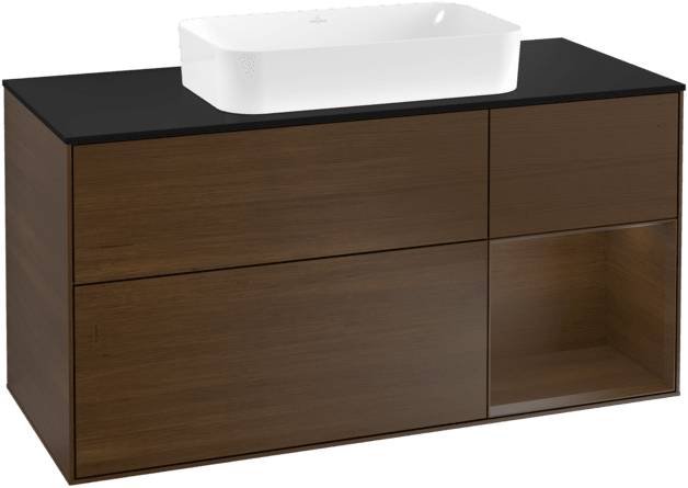 VILLEROY BOCH Toaletní skříňka Finion, s osvětlením, 3 výsuvy, 1200 x 603 x 501 mm, ořechová dýha / ořechová dýha / sklo černé matné #F302GNGN