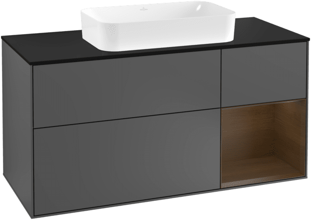 VILLEROY BOCH Toaletní skříňka Finion, s osvětlením, 3 výsuvy, 1200 x 603 x 501 mm, antracitový matný lak / ořechová dýha / černé matné sklo #F302GNGK