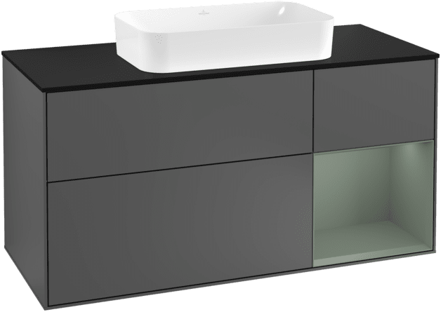 VILLEROY BOCH Toaletní skříňka Finion, s osvětlením, 3 výsuvy, 1200 x 603 x 501 mm, antracitový matný lak / olivový matný lak / černé matné sklo #F302GMGK