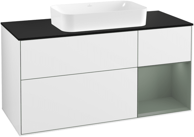 VILLEROY BOCH Toaletní skříňka Finion, s osvětlením, 3 výsuvy, 1200 x 603 x 501 mm, lesklý bílý lak / olivově matný lak / černé matné sklo #F302GMGF