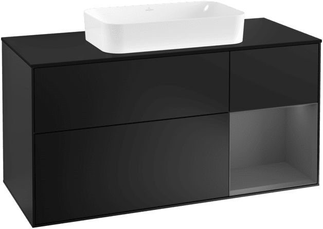 VILLEROY BOCH Toaletní skříňka Finion, s osvětlením, 3 výsuvy, 1200 x 603 x 501 mm, černý matný lak / antracitový matný lak / černé matné sklo #F302GKPD