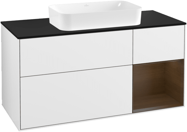 VILLEROY BOCH Toaletní skříňka Finion, s osvětlením, 3 výsuvy, 1200 x 603 x 501 mm, lesklý bílý lak / ořechová dýha / černé matné sklo #F302GNGF