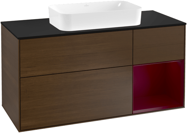 VILLEROY BOCH Toaletní skříňka Finion, s osvětlením, 3 výsuvy, 1200 x 603 x 501 mm, ořechová dýha / matný lak Pivoňka / černé matné sklo #F302HBGN