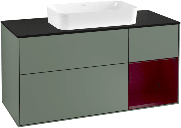 VILLEROY BOCH Toaletní skříňka Finion, s osvětlením, 3 výsuvy, 1200 x 603 x 501 mm, olivový matný lak / pivoňkový matný lak / černé matné sklo #F302HBGM