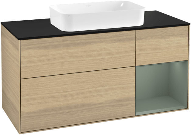 VILLEROY BOCH Toaletní skříňka Finion, s osvětlením, 3 výsuvy, 1200 x 603 x 501 mm, dubová dýha / olivově matný lak / sklo černé matné #F302GMPC