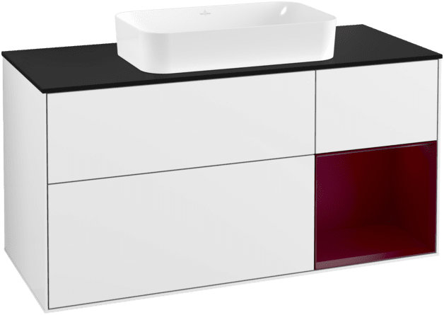 VILLEROY BOCH Toaletní skříňka Finion, s osvětlením, 3 výsuvy, 1200 x 603 x 501 mm, lesklý bílý lak / matný lak Pivoňka / matné černé sklo #F302HBGF
