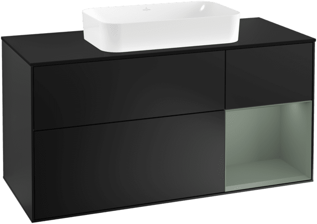 VILLEROY BOCH Toaletní skříňka Finion, s osvětlením, 3 výsuvy, 1200 x 603 x 501 mm, černý matný lak / olivový matný lak / černé matné sklo #F302GMPD