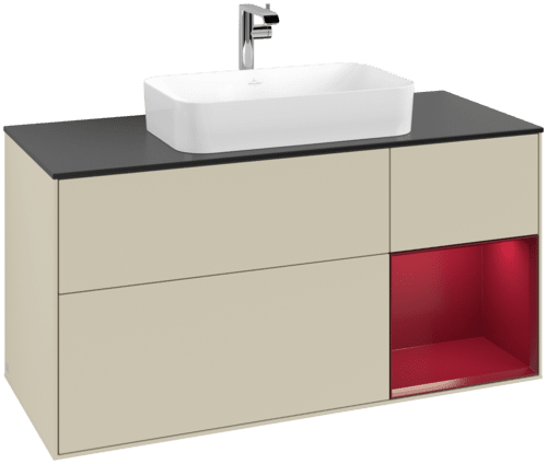 VILLEROY BOCH Toaletní skříňka Finion, s osvětlením, 3 výsuvy, 1200 x 603 x 501 mm, Silk Grey Matt Lacquer / Peony Matt Lacquer / Glass Black Matt #F302HBHJ