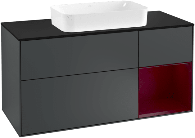 VILLEROY BOCH Toaletní skříňka Finion, s osvětlením, 3 výsuvy, 1200 x 603 x 501 mm, Midnight Blue Matt Lacquer / Peony Matt Lacquer / Glass Black Matt #F302HBHG