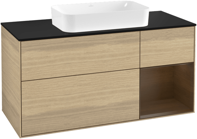 VILLEROY BOCH Toaletní stolek Finion, s osvětlením, 3 výsuvy, 1200 x 603 x 501 mm, dubová dýha / ořechová dýha / sklo černé matné #F302GNPC