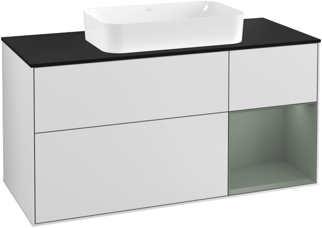 VILLEROY BOCH Toaletní skříňka Finion, s osvětlením, 3 výsuvy, 1200 x 603 x 501 mm, bílý matný lak / olivový matný lak / černé matné sklo #F302GMMT