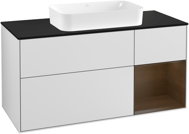 VILLEROY BOCH Toaletní skříňka Finion, s osvětlením, 3 výsuvy, 1200 x 603 x 501 mm, bílý matný lak / ořechová dýha / černé matné sklo #F302GNMT