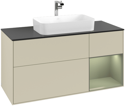 VILLEROY BOCH Toaletní skříňka Finion, s osvětlením, 3 výsuvy, 1200 x 603 x 501 mm, hedvábně šedý matný lak / olivový matný lak / černé matné sklo #F302GMHJ