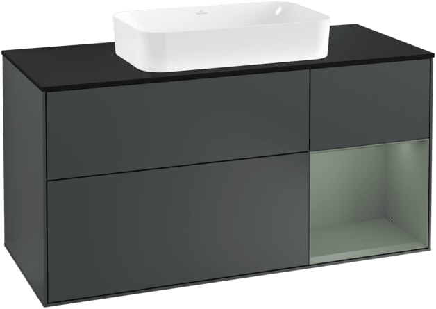 VILLEROY BOCH Toaletní skříňka Finion, s osvětlením, 3 výsuvy, 1200 x 603 x 501 mm, Midnight Blue Matt Lacquer / Olive Matt Lacquer / Glass Black Matt #F302GMHG