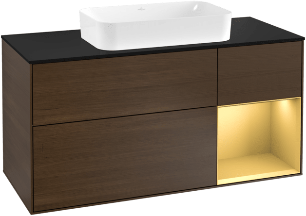 VILLEROY BOCH Toaletní skříňka Finion, s osvětlením, 3 výsuvy, 1200 x 603 x 501 mm, ořechová dýha / zlatý matný lak / černé matné sklo #F302HFGN