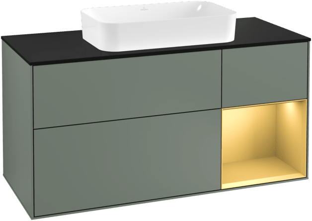 VILLEROY BOCH Toaletní skříňka Finion, s osvětlením, 3 výsuvy, 1200 x 603 x 501 mm, olivový matný lak / zlatý matný lak / černé matné sklo #F302HFGM