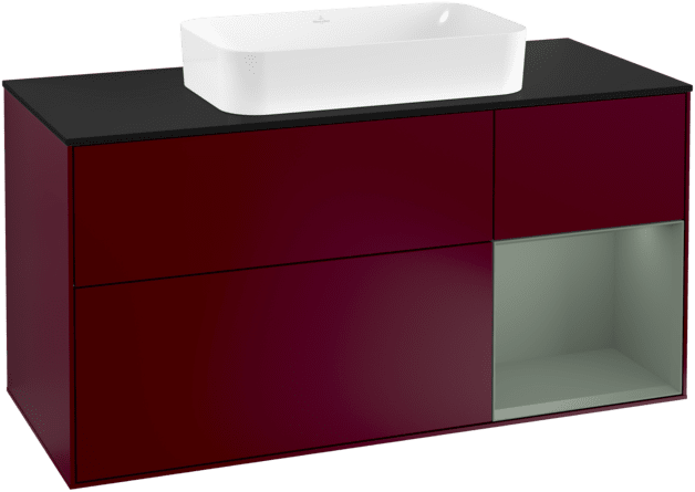 VILLEROY BOCH Toaletní skříňka Finion, s osvětlením, 3 výsuvy, 1200 x 603 x 501 mm, Pivoňka matný lak / Olivový matný lak / Sklo černé matné #F302GMHB