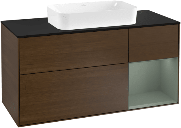 VILLEROY BOCH Toaletní skříňka Finion, s osvětlením, 3 výsuvy, 1200 x 603 x 501 mm, ořechová dýha / olivově matný lak / sklo černé matné #F302GMGN