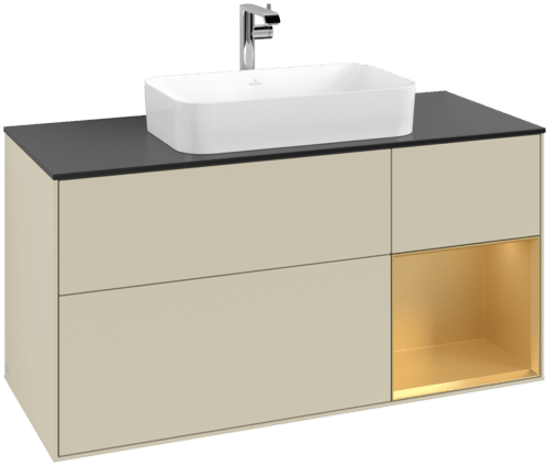 VILLEROY BOCH Toaletní skříňka Finion, s osvětlením, 3 výsuvy, 1200 x 603 x 501 mm, Silk Grey Matt Lacquer / Gold Matt Lacquer / Glass Black Matt #F302HFHJ