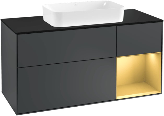 VILLEROY BOCH Toaletní skříňka Finion, s osvětlením, 3 výsuvy, 1200 x 603 x 501 mm, Midnight Blue Matt Lacquer / Gold Matt Lacquer / Glass Black Matt #F302HFHG
