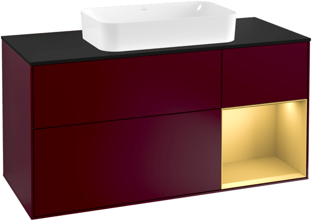 VILLEROY BOCH Toaletní skříňka Finion, s osvětlením, 3 výsuvy, 1200 x 603 x 501 mm, Peony Matt Lacquer / Gold Matt Lacquer / Glass Black Matt #F302HFHB