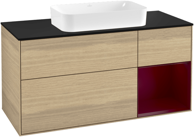 VILLEROY BOCH Toaletní skříňka Finion, s osvětlením, 3 výsuvy, 1200 x 603 x 501 mm, dubová dýha / matný lak Pivoňka / matné černé sklo #F302HBPC