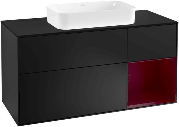 VILLEROY BOCH Toaletní skříňka Finion, s osvětlením, 3 výsuvy, 1200 x 603 x 501 mm, černý matný lak / pivoňkový matný lak / černé matné sklo #F302HBPD
