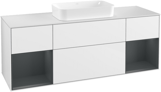 VILLEROY BOCH Toaletní skříňka Finion, s osvětlením, 4 výsuvy, 1600 x 603 x 501 mm, lesklý bílý lak / půlnoční modrý matný lak / bílé matné sklo #F331HGGF