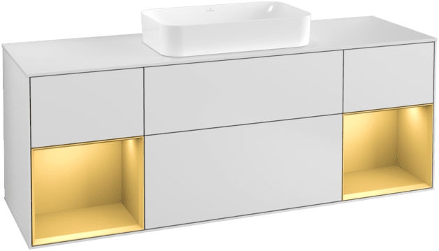 VILLEROY BOCH Toaletní skříňka Finion, s osvětlením, 4 výsuvy, 1600 x 603 x 501 mm, bílý matný lak / zlatý matný lak / bílé matné sklo #F331HFMT