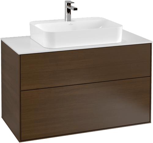 VILLEROY BOCH Toaletní skříňka Finion, 2 výsuvy, 1000 x 603 x 501 mm, ořechová dýha / sklo bílé matné #F35100GN