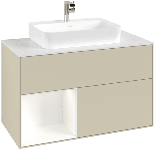 VILLEROY BOCH Toaletní skříňka Finion, s osvětlením, 2 výsuvy, 1000 x 603 x 501 mm, Silk Grey Matt Lacquer / White Matt Lacquer / Glass White Matt #F361MTHJ